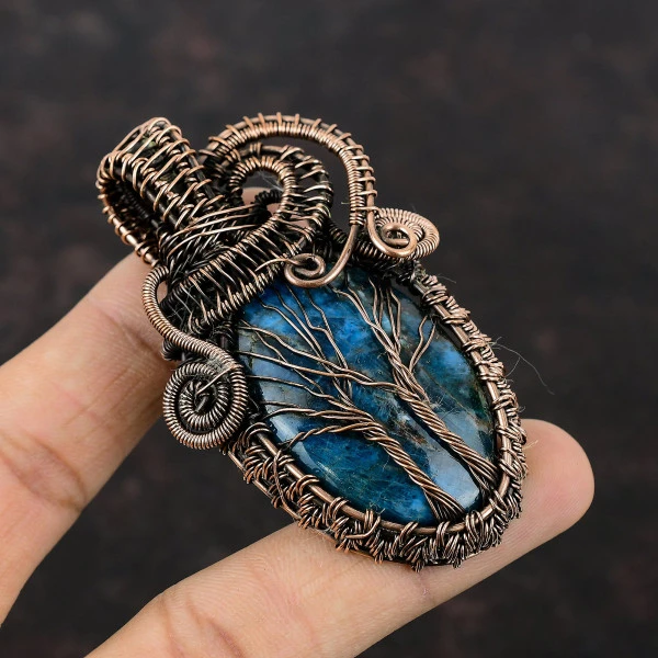 Neon Apatite Oval Blue Handmade Copper Wire Wrapped Pendant