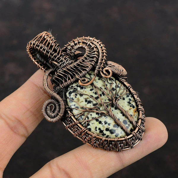 Dalmatian Jasper Oval Black Handmade Copper Wire Wrapped Pendant