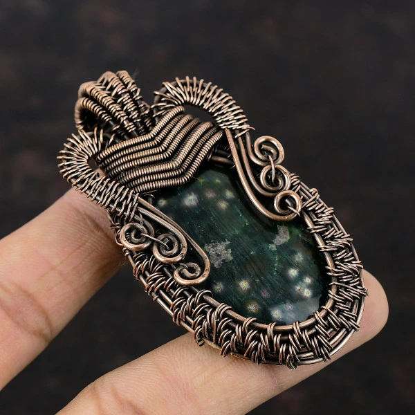 Ocean Jasper Oval Green Handmade Copper Wire Wrapped Pendant