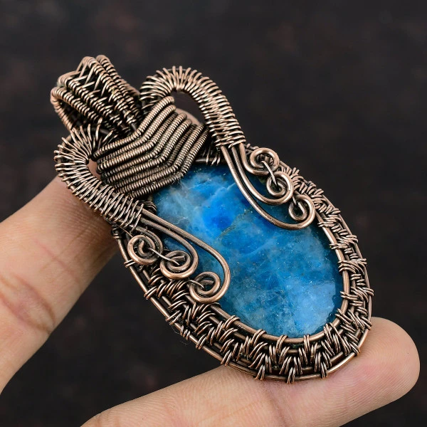 Neon Apatite Oval Blue Handmade Copper Wire Wrapped Pendant