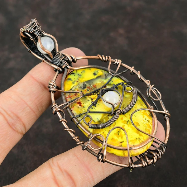 Yellow Dendrite Opal Oval Yellow Handmade Copper Wire Wrapped Pendant