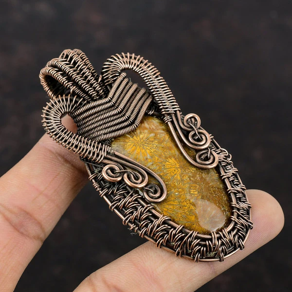 Fossil Coral Oval Yellow Handmade Copper Wire Wrapped Pendant