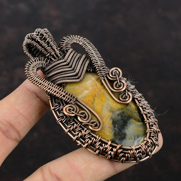 Bumble Bee Jasper Oval Yellow Handmade Copper Wire Wrapped Pendant