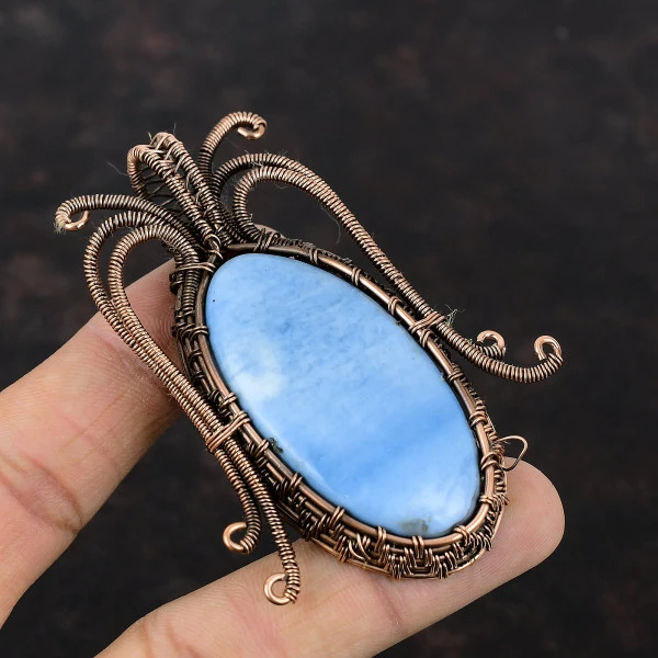 Owyhee Blue Opal Oval Blue Handmade Copper Wire Wrapped Pendant