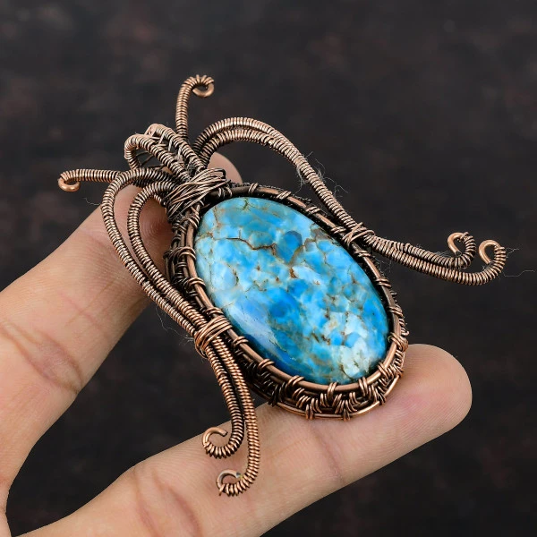 Neon Apatite Oval Blue Handmade Copper Wire Wrapped Pendant