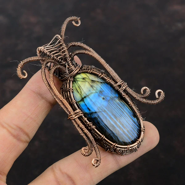 Labradorite Oval Gray Handmade Copper Wire Wrapped Pendant