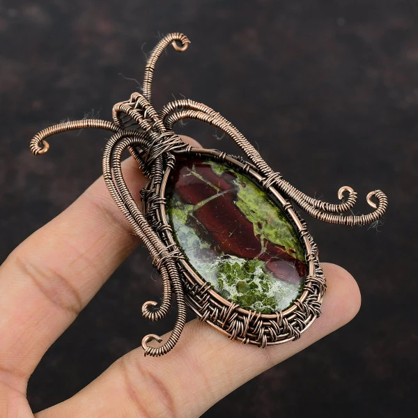 Dragon Bloodstone Oval Green Handmade Copper Wire Wrapped Pendant