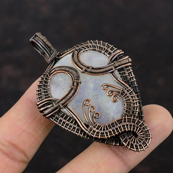 Rainbow Moonstone Pear White Handmade Copper Wire Wrapped Pendant