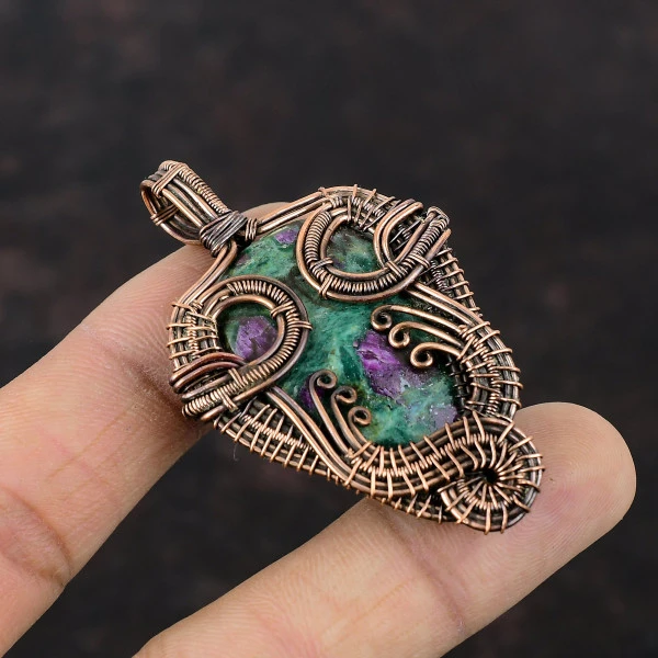 Ruby Fuchsite Pear Green Handmade Copper Wire Wrapped Pendant