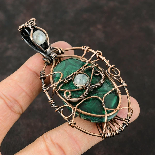 Malachite Oval Green Handmade Copper Wire Wrapped Pendant