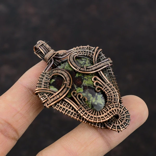 Dragon Bloodstone Pear Green Handmade Copper Wire Wrapped Pendant