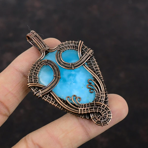 Hemimorphite Pear Blue Handmade Copper Wire Wrapped Pendant