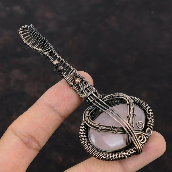 Rose Quartz Oval Pink Handmade Copper Wire Wrapped Pendant