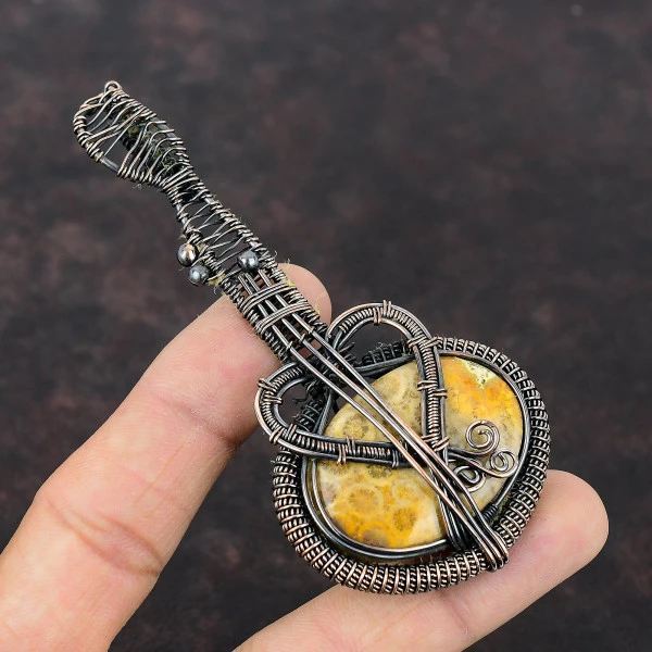 Fossil Coral Oval Yellow Handmade Copper Wire Wrapped Pendant