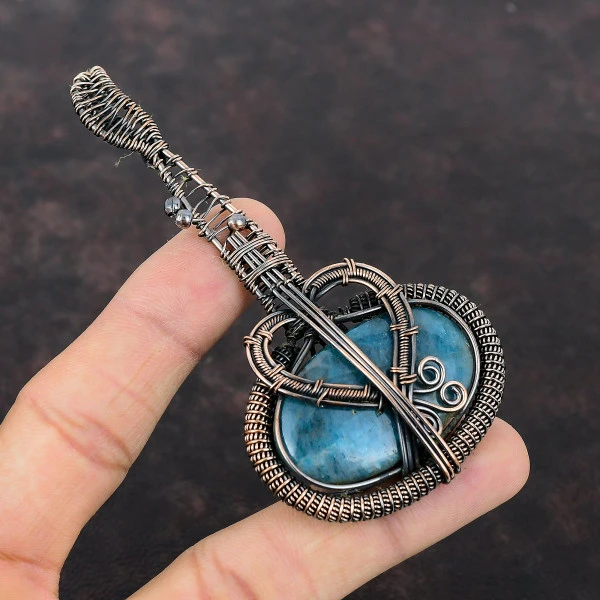 Neon Apatite Oval Blue Handmade Copper Wire Wrapped Pendant