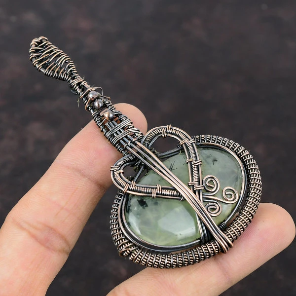 Moss Prehnite Oval Green Handmade Copper Wire Wrapped Pendant