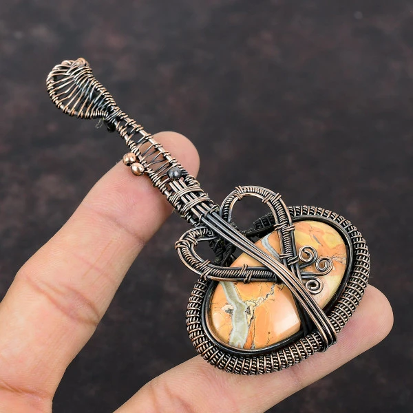 Maligano Jasper Oval Orange Handmade Copper Wire Wrapped Pendant