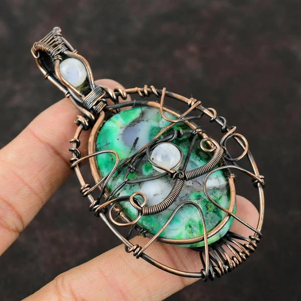 Green Dendrite Opal Oval Green Handmade Copper Wire Wrapped Pendant