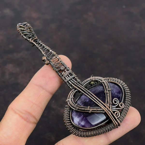 Chevron Amethyst Oval Purple Handmade Copper Wire Wrapped Pendant