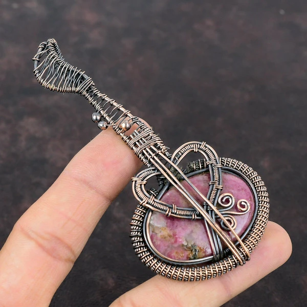 Rhodonite Oval Pink Handmade Copper Wire Wrapped Pendant