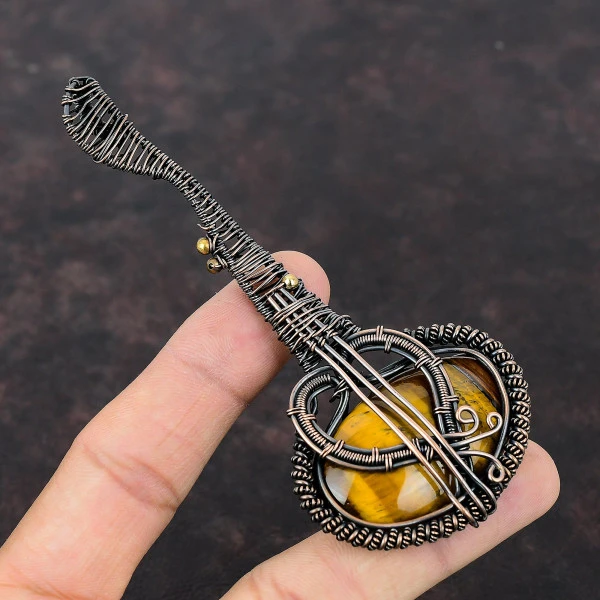 Tiger's Eye Oval Brown Handmade Copper Wire Wrapped Pendant