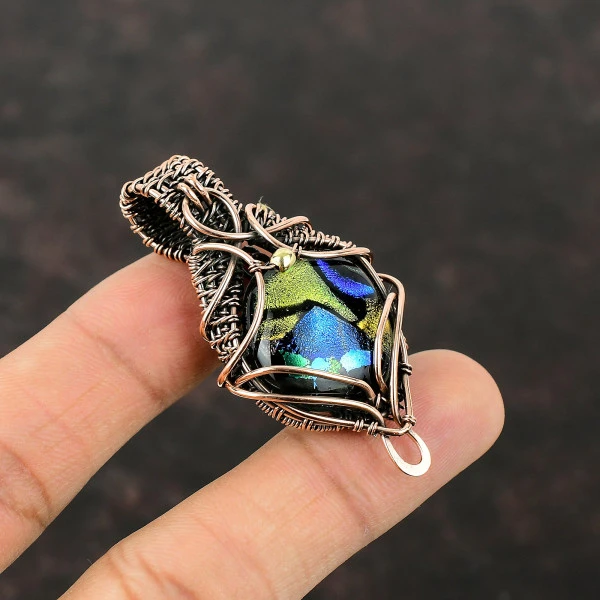 American Dichroic Glass Cushion Blue Handmade Copper Wire Wrapped Pendant