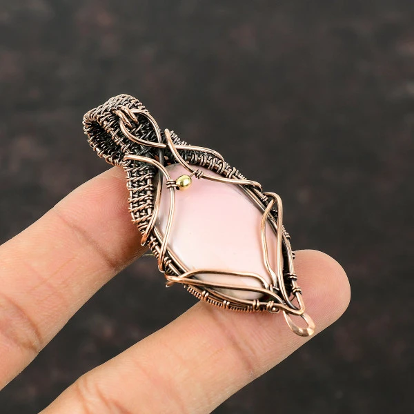 Pink Opal Oval Pink Handmade Copper Wire Wrapped Pendant