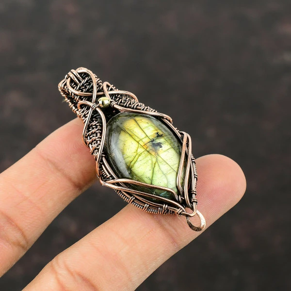 Labradorite Oval Gray Handmade Copper Wire Wrapped Pendant
