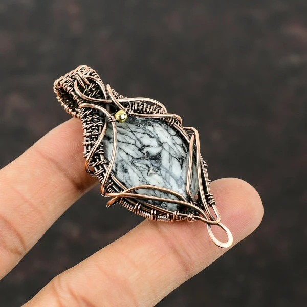 Pinolith Jasper Oval White Handmade Copper Wire Wrapped Pendant