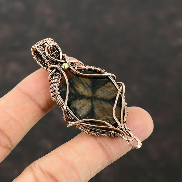 Chiastolite Pentagon Brown Handmade Copper Wire Wrapped Pendant