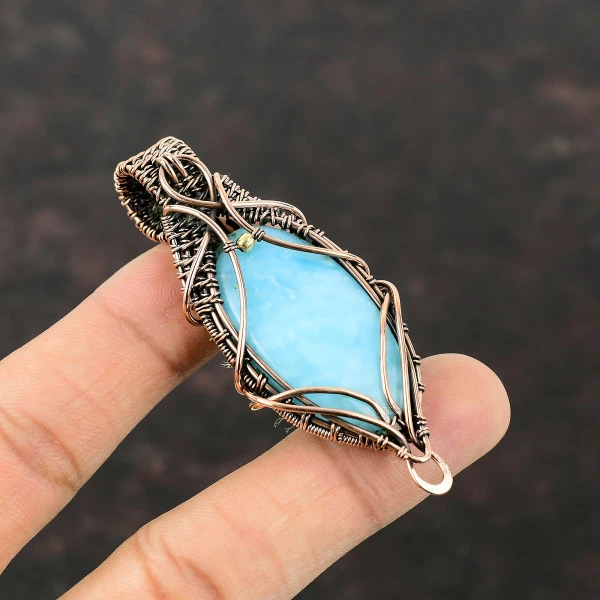 Hemimorphite Oval Blue Handmade Copper Wire Wrapped Pendant