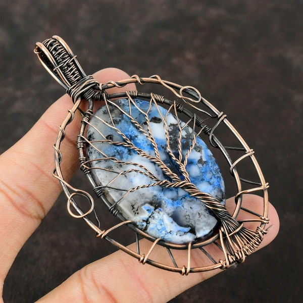 Blue Dendrite Opal Oval Blue Handmade Copper Wire Wrapped Pendant