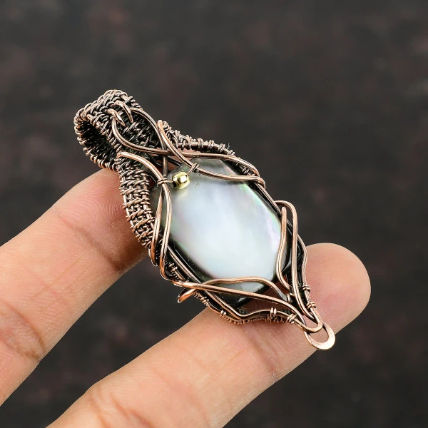Black Mother Of Pearl Radiant White Handmade Copper Wire Wrapped Pendant