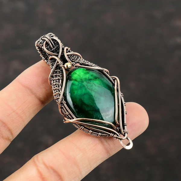Green Fire Labradorite Oval Green Handmade Copper Wire Wrapped Pendant