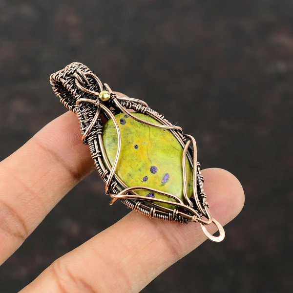 Stichtite Oval Green Handmade Copper Wire Wrapped Pendant