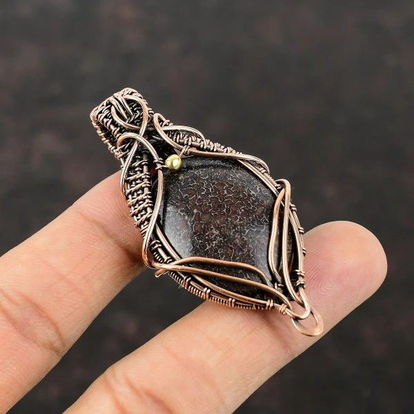Dinosaur Bone Oval Red Handmade Copper Wire Wrapped Pendant