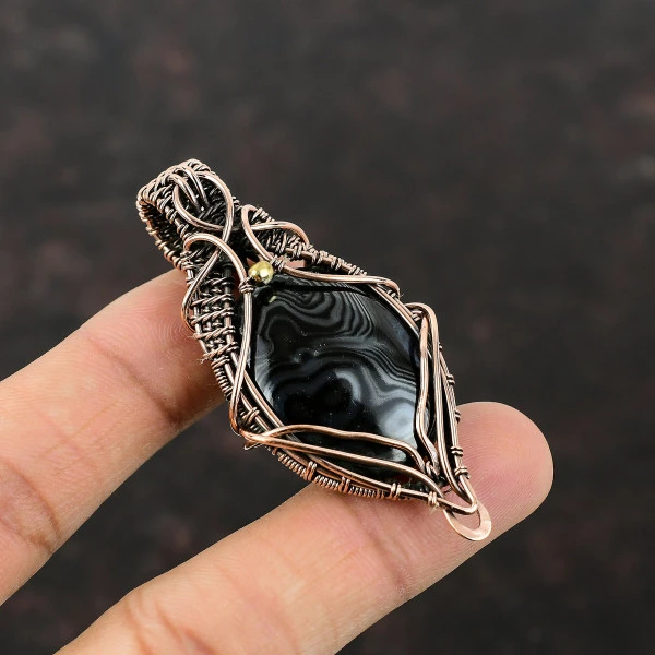 Psilomelane Oval Black Handmade Copper Wire Wrapped Pendant