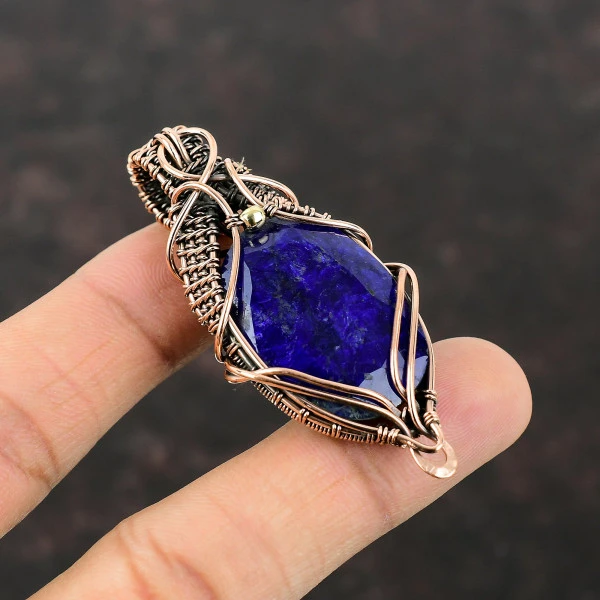 Faceted Blue Sapphire Oval Blue Handmade Copper Wire Wrapped Pendant