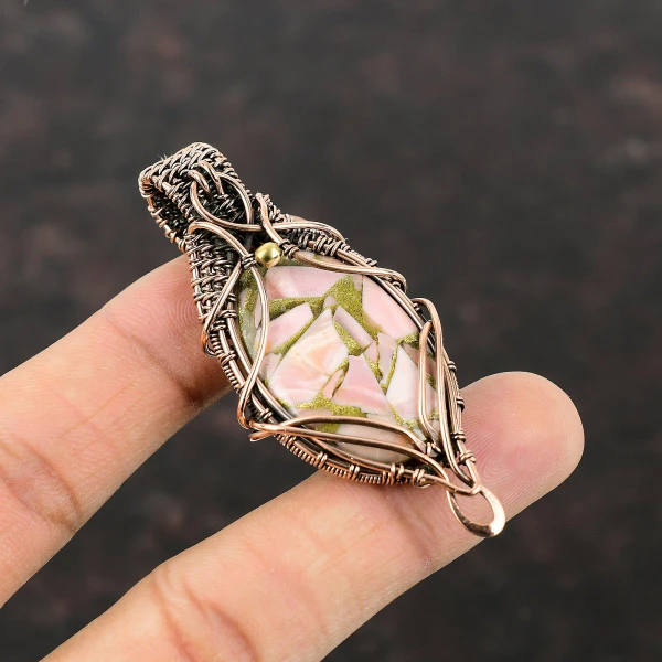 Copper Rhodochrosite Oval Pink Handmade Copper Wire Wrapped Pendant