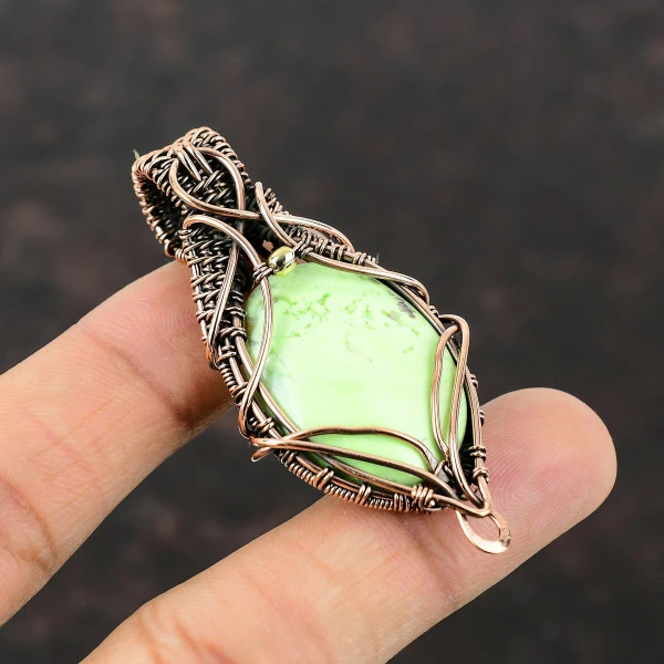 Lemon Chrysoprase Oval Green Handmade Copper Wire Wrapped Pendant