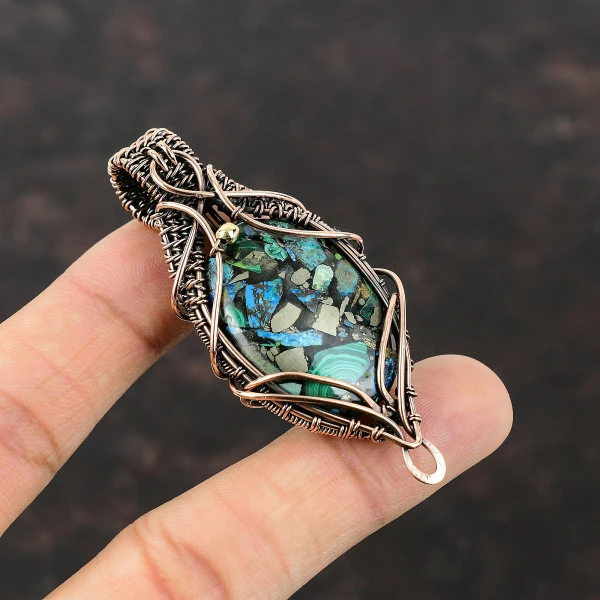 Copper Azurite Malachite Oval Green Handmade Copper Wire Wrapped Pendant