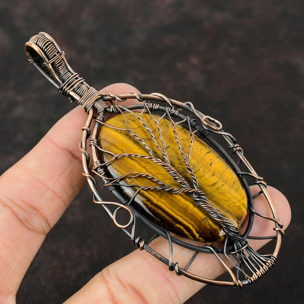 Tiger's Eye Oval Yellow Handmade Copper Wire Wrapped Pendant