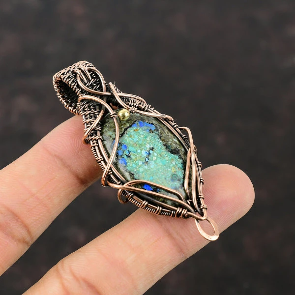 Azurite Malachite Oval Green Handmade Copper Wire Wrapped Pendant