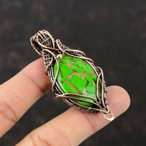 Copper Green Turquoise Oval Green Handmade Copper Wire Wrapped Pendant