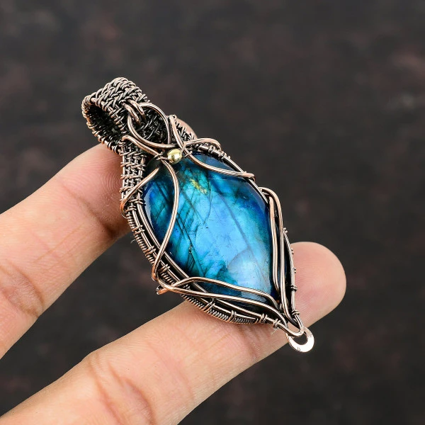 Neon Flash Labradorite Oval Blue Handmade Copper Wire Wrapped Pendant