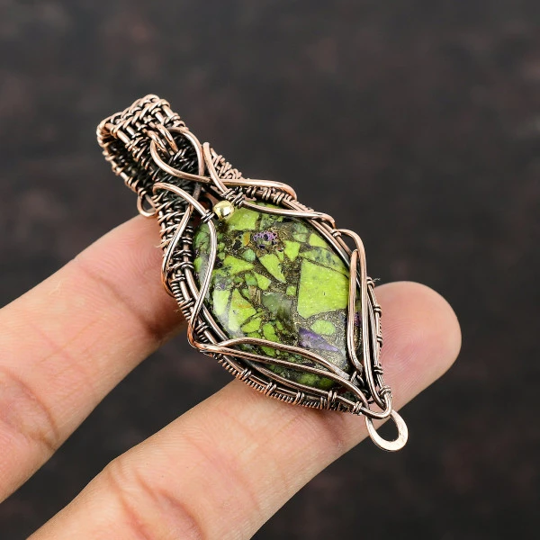 Copper Stichtite Oval Green Handmade Copper Wire Wrapped Pendant
