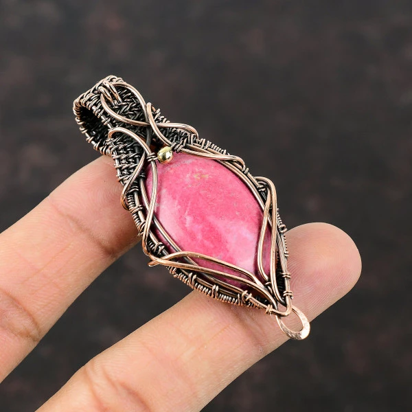 Thulite Oval Pink Handmade Copper Wire Wrapped Pendant