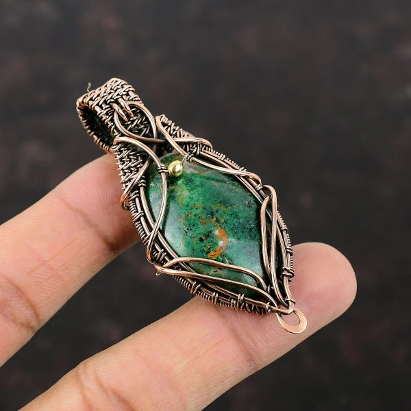 Cuprite Chrysocolla Oval Green Handmade Copper Wire Wrapped Pendant