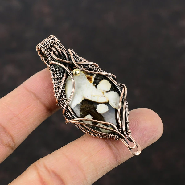 Peanut Wood Jasper Oval Brown Handmade Copper Wire Wrapped Pendant