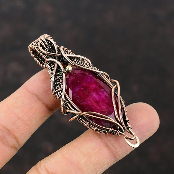 Faceted Kashmir Ruby Oval Red Handmade Copper Wire Wrapped Pendant